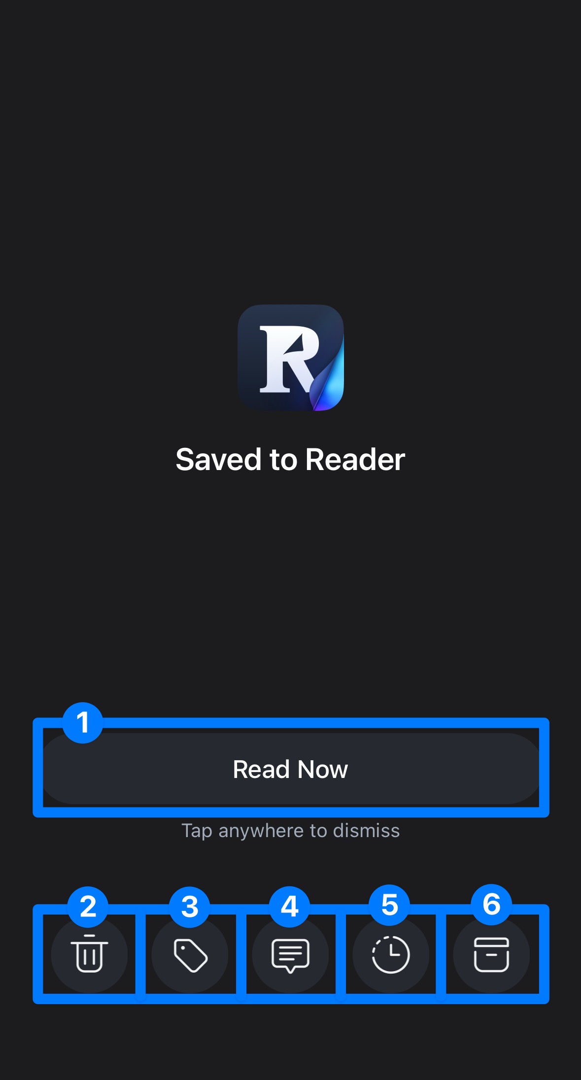 Annotated screenshot of Reader's mobile share menu.