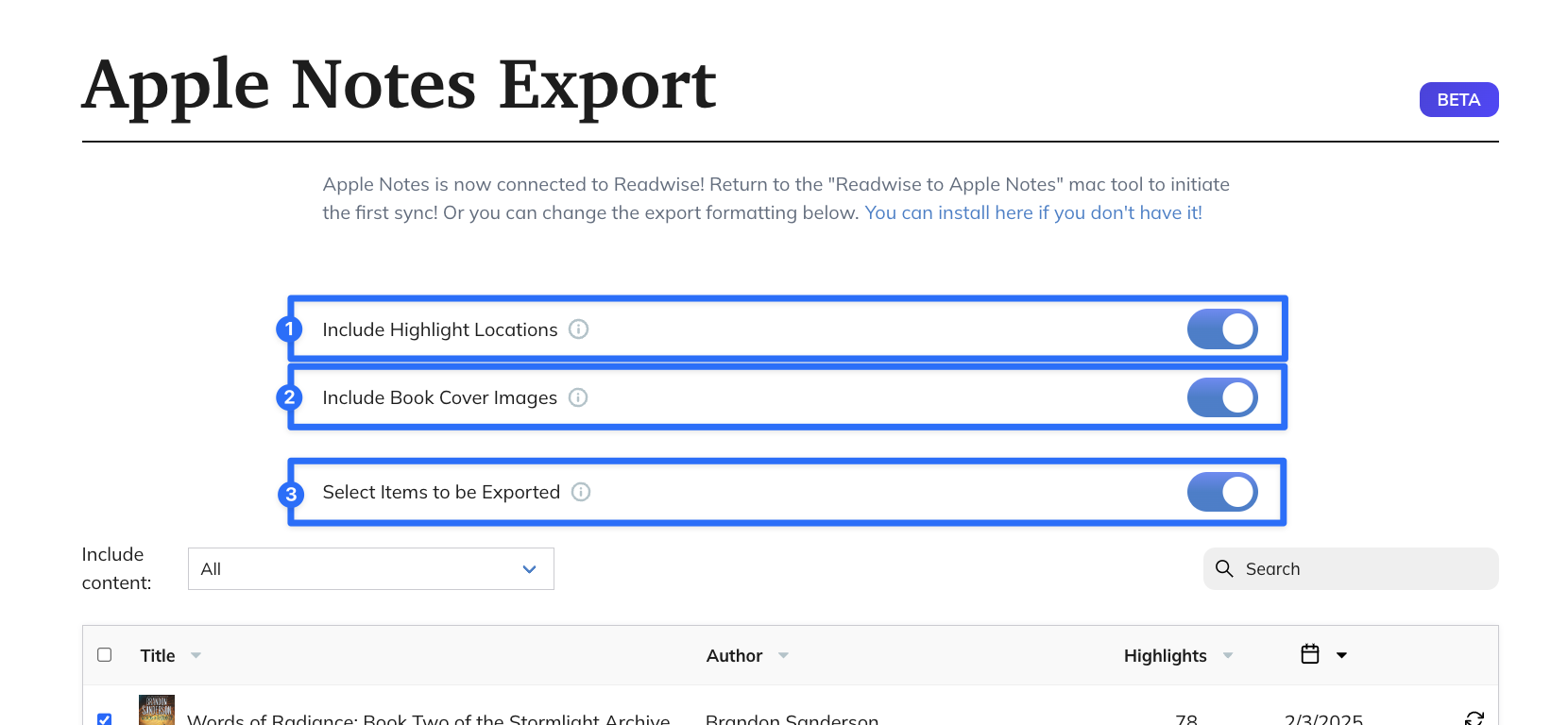 Apple Notes customization options on the Readwise website.