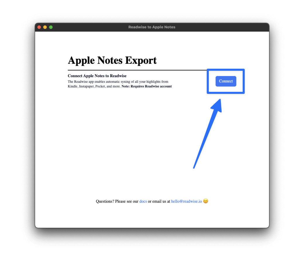 Connect button in Readwise to Apple Notes Mac tool.