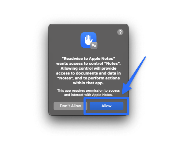 Grant permissions to Apple Notes Mac tool.