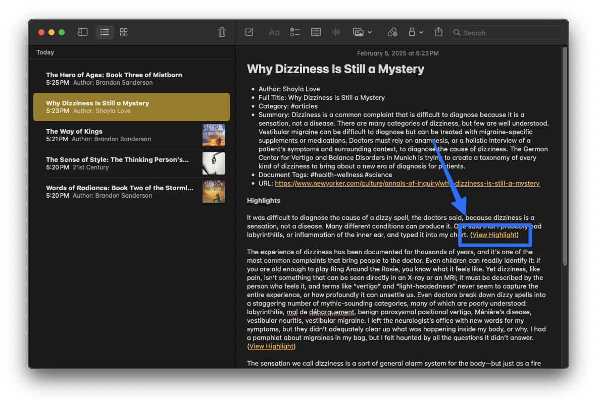 Include highlight locations in Apple Notes.