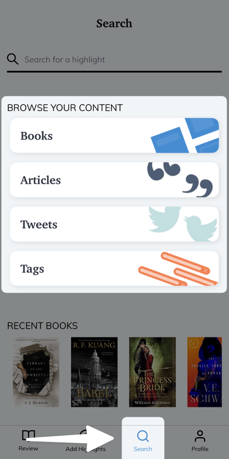 Browse highlights in Readwise on mobile.