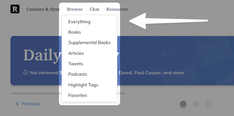 Browse highlights in Readwise on web.