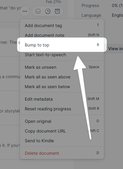 Bump to top option in actions menu.
