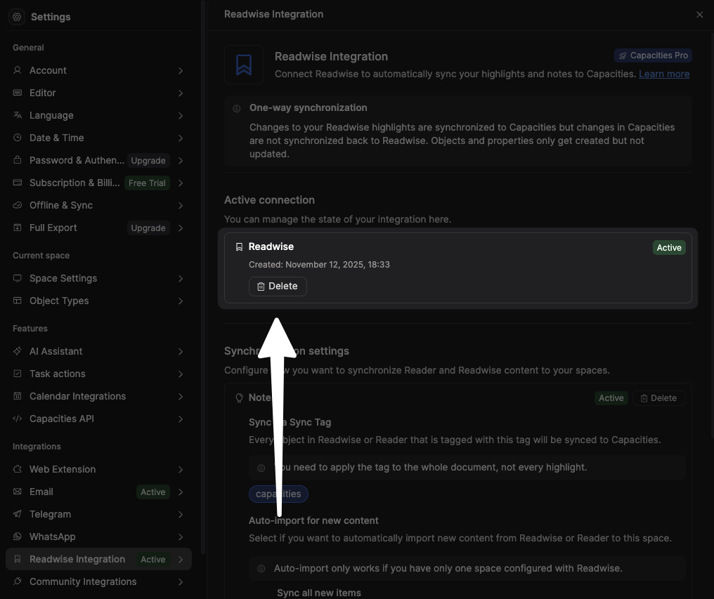 Remove the Readwise integration from Capacities.