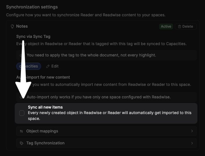 Toggle the option to sync all new Readwise documents to Capacities.
