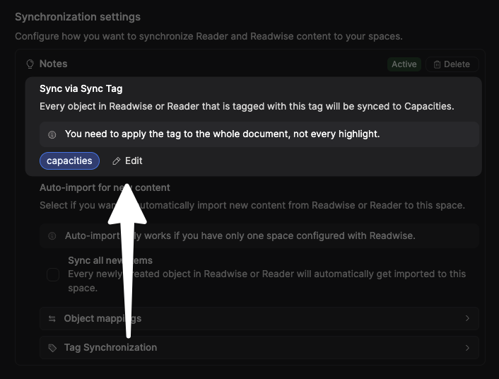 Readwise sync settings in Capacities app.