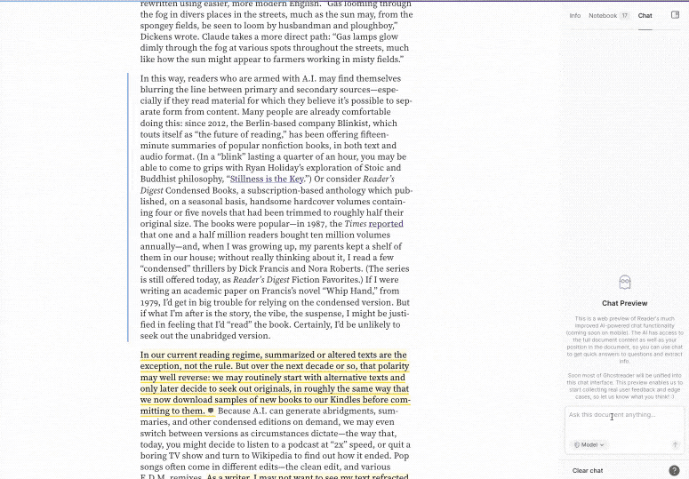 Chat with your document in Reader.