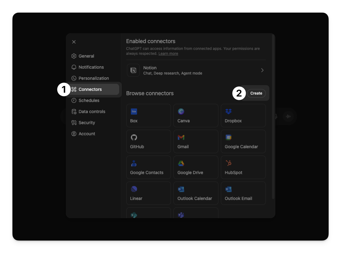 Click the Create button in the Connectors menu.