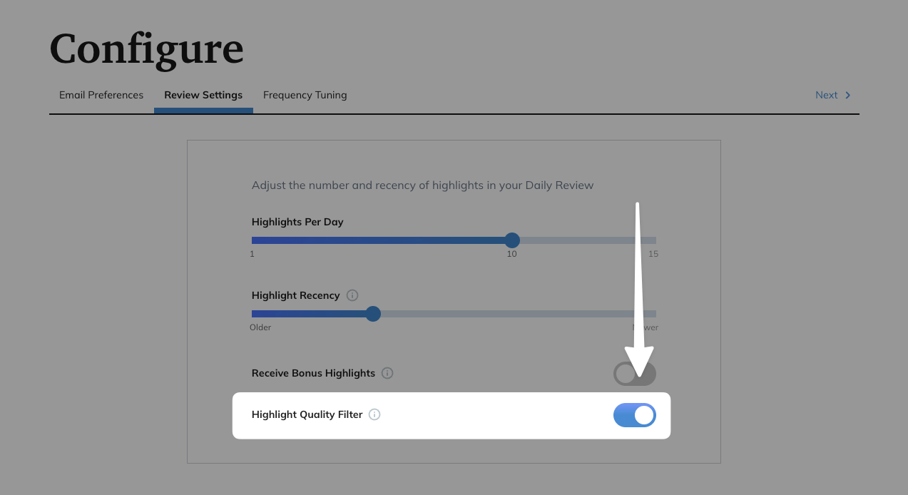 Configuring the Highlight Quality Filter