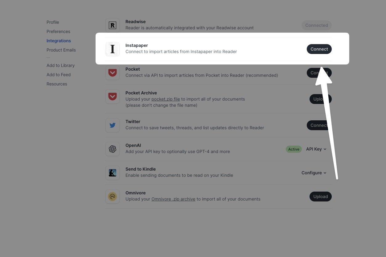 Connect your Instapaper account to Reader.