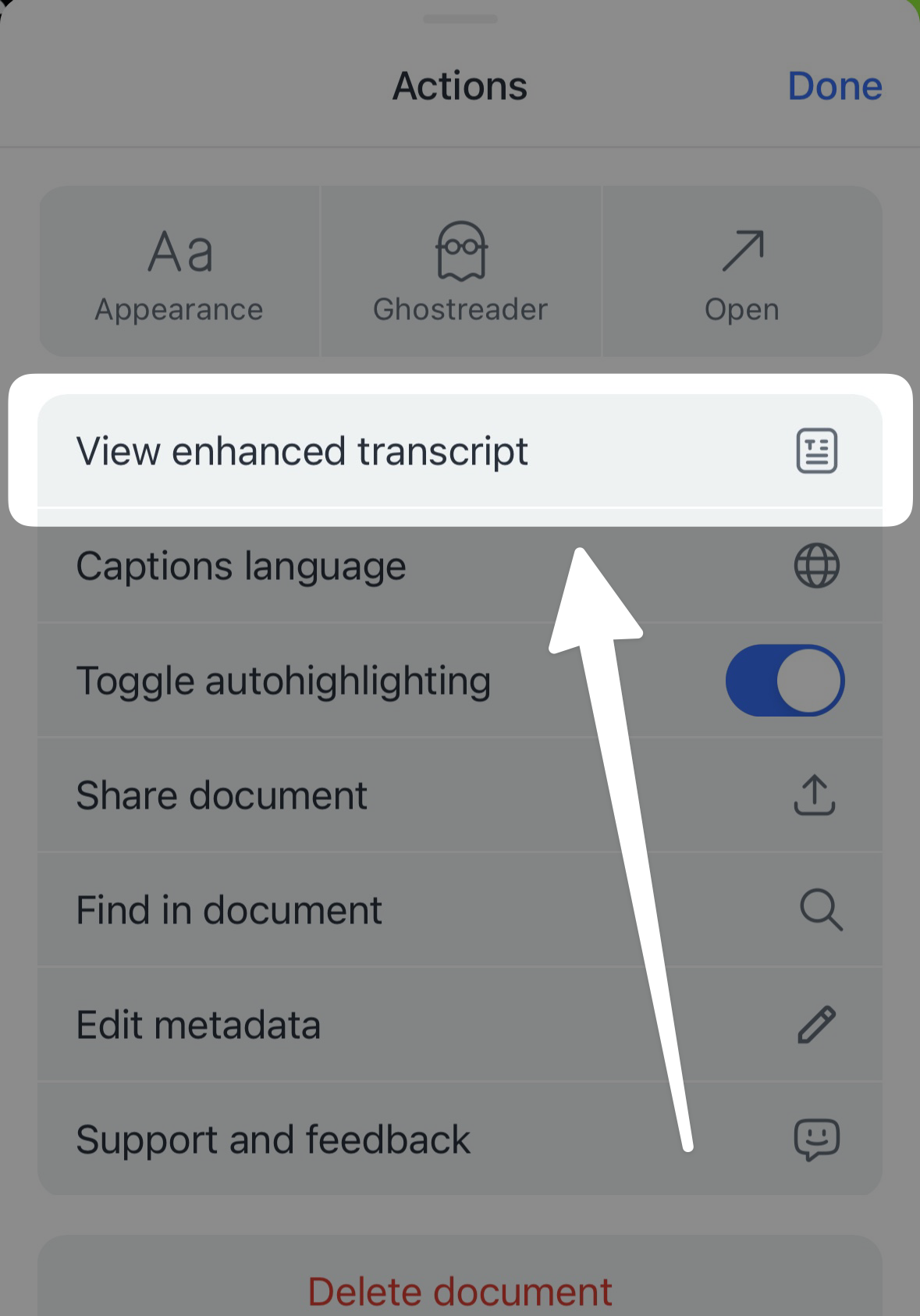 Toggle the enhanced transcript option for YouTube videos on mobile.