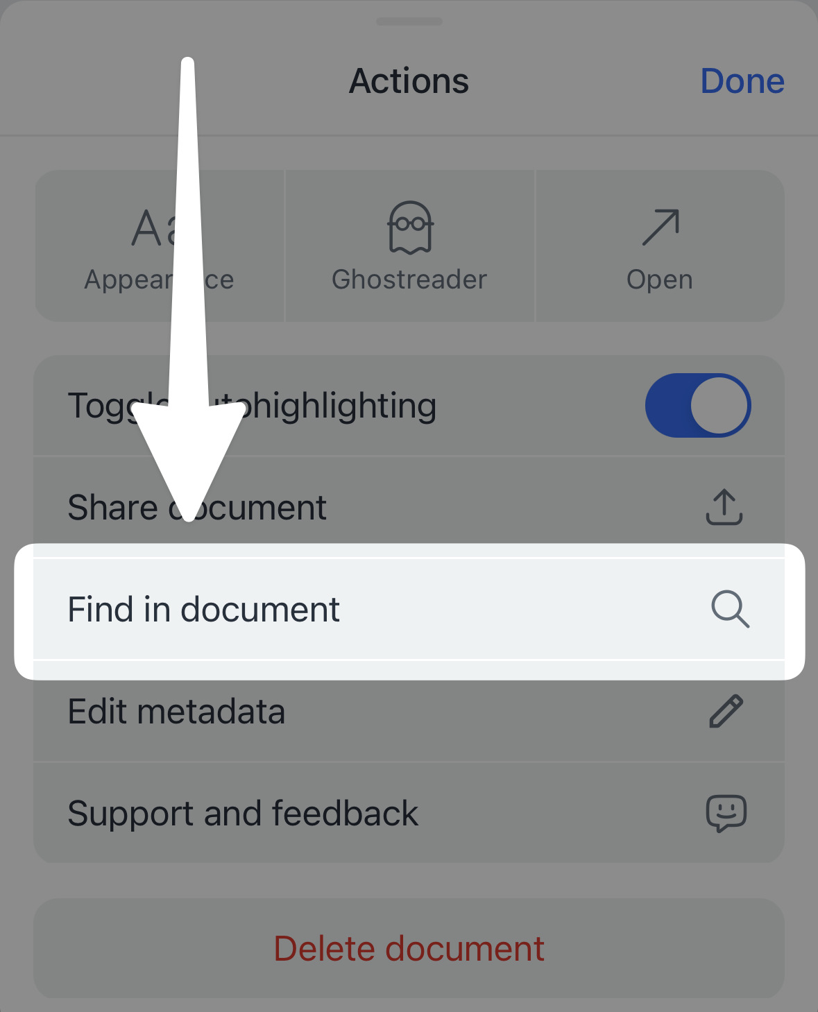 Find In Document option in the Reader actions menu.