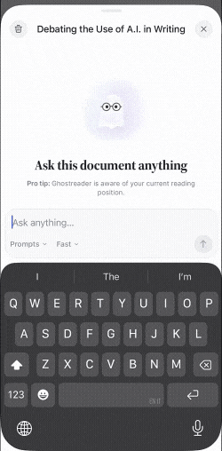 Running a document-level preset prompt from the Prompts dropdown in the mobile chat sheet.