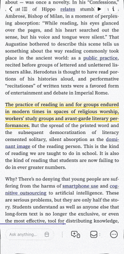 Opening the chat from a highlight's annotation bar on mobile and running a passage-level prompt.