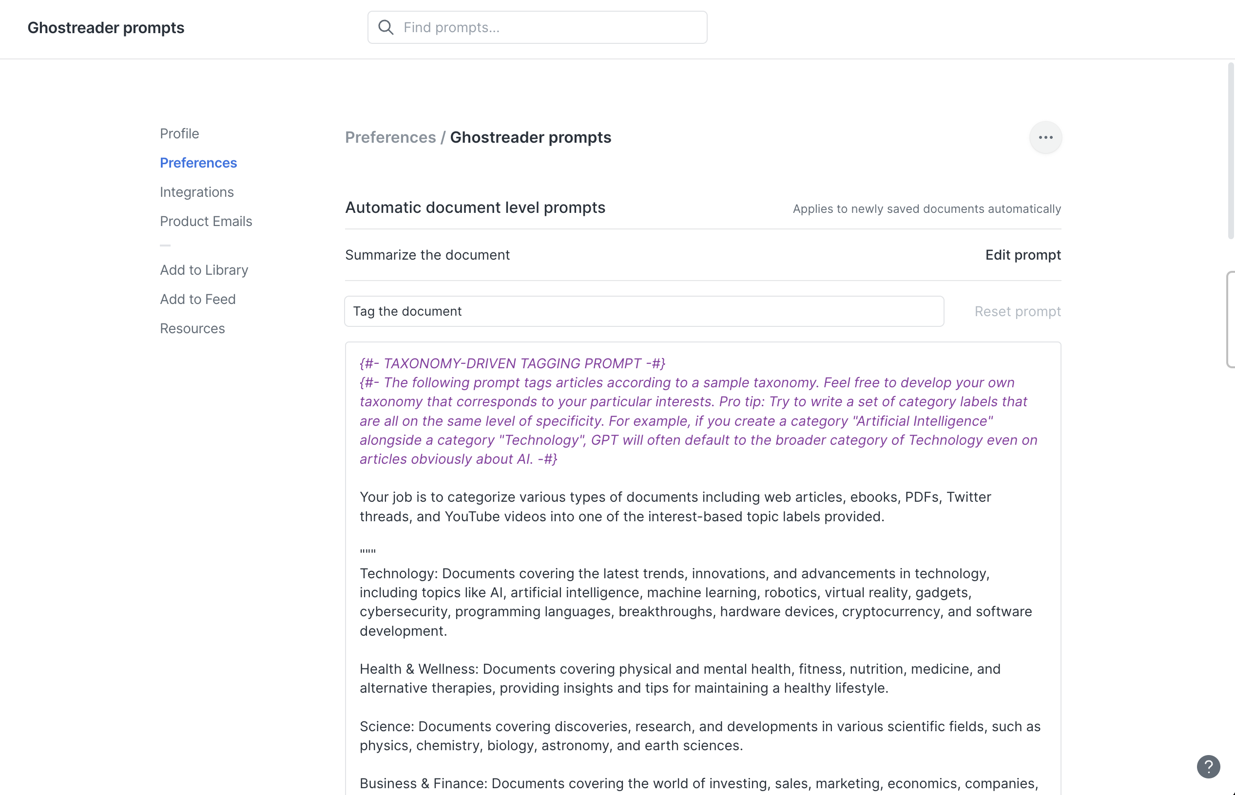 Ghostreader prompt customization page