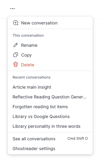 The Ghostreader actions menu with options to start, rename, copy, or delete conversations.