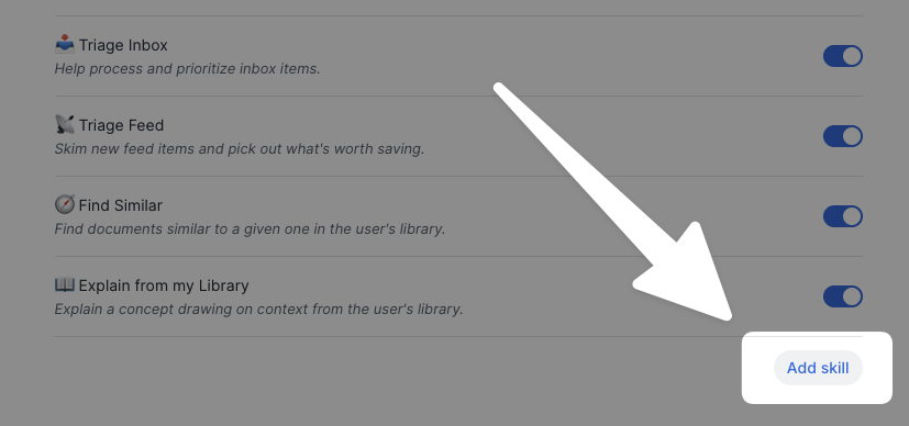 The Add skill button at the bottom of a skills list on the Prompts and skills page.