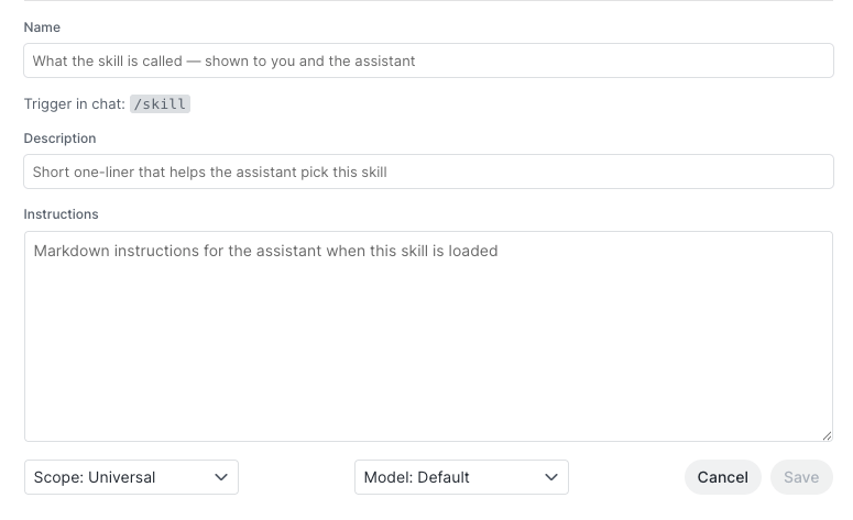 The skill editor with fields for name, description, and instructions, plus Scope and Model dropdowns.