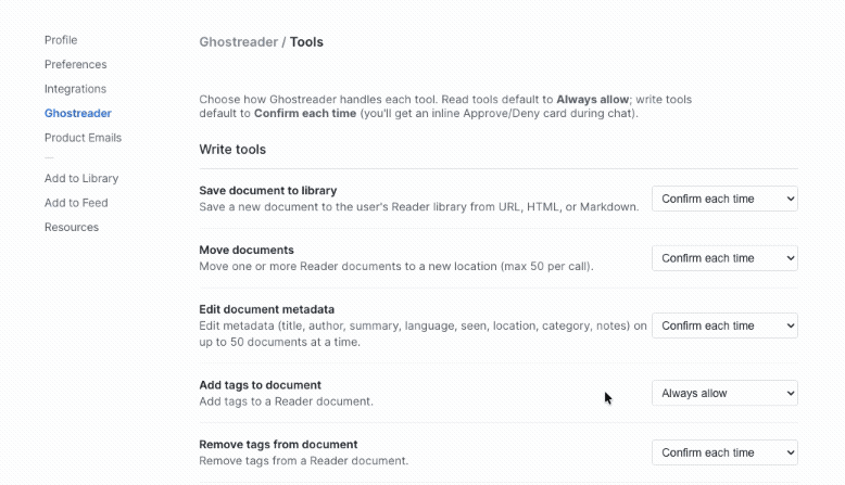 Changing a tool's permission on the Ghostreader tools page from Confirm each time to Always allow.