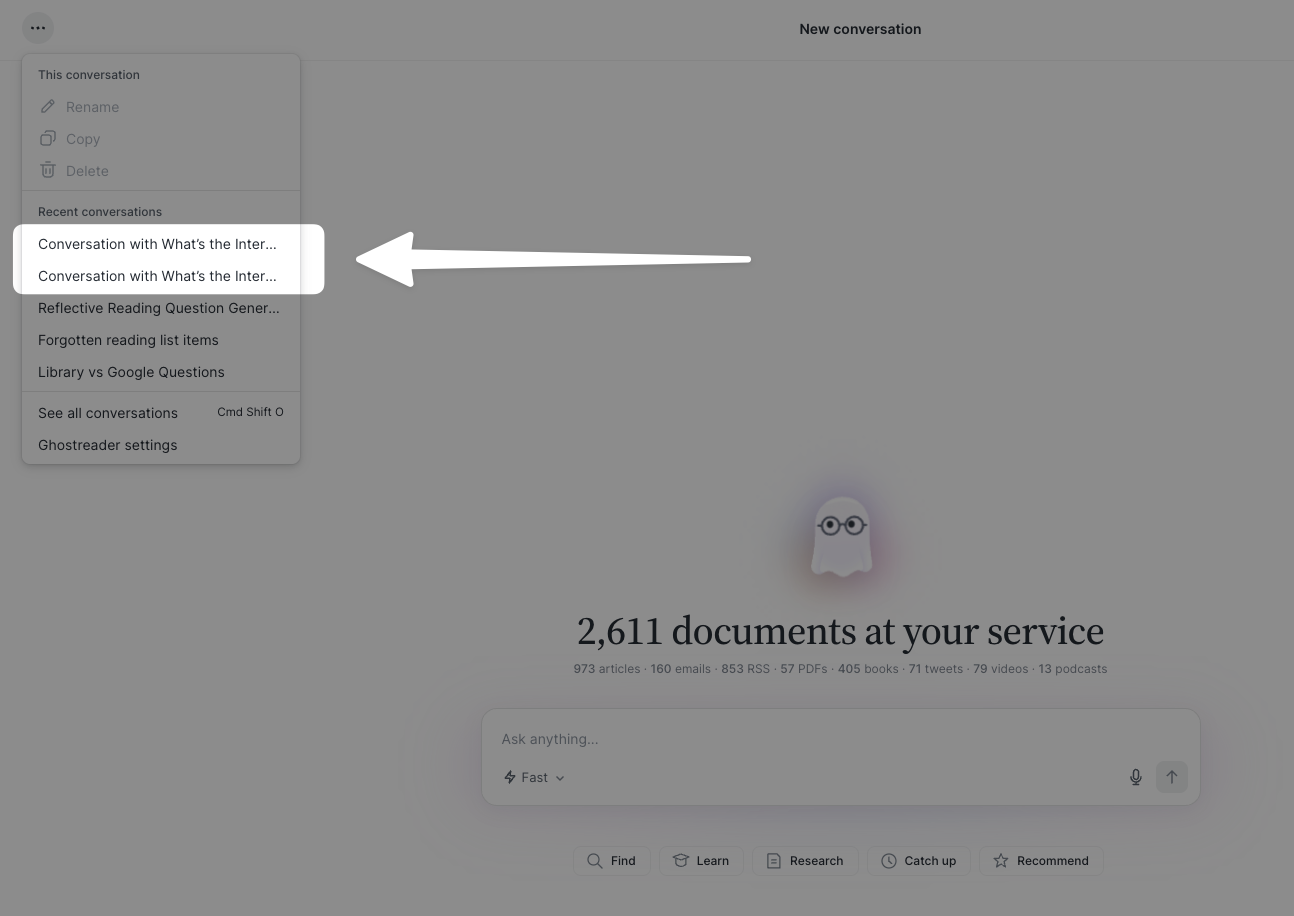 The Recent conversations list on web showing conversations synced from the mobile app.