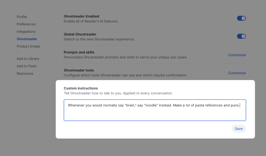 The Custom instructions field on the Ghostreader preferences page.