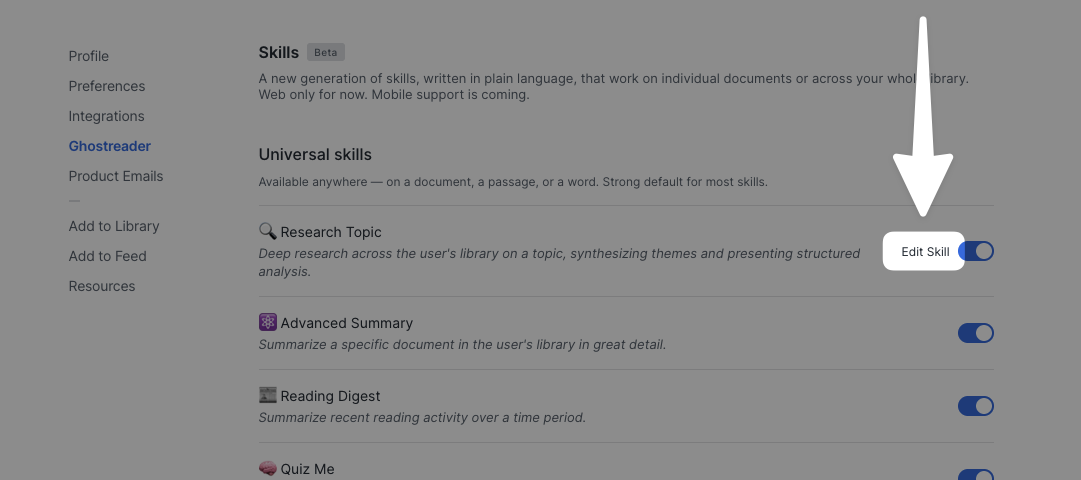 The Edit skill option appearing when hovering over a skill's name.