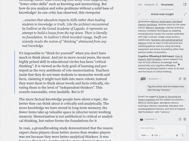 Expanding a sidebar chat into the full-screen Ghostreader view.