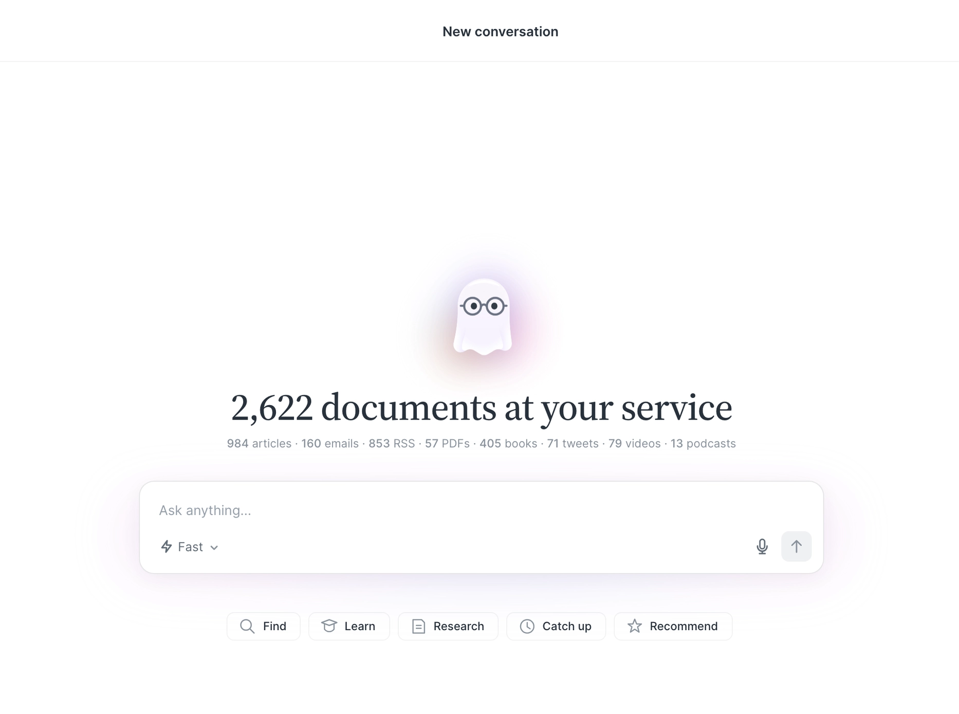 The new conversation screen showing the document count, the Ask anything field, and suggestion chips.
