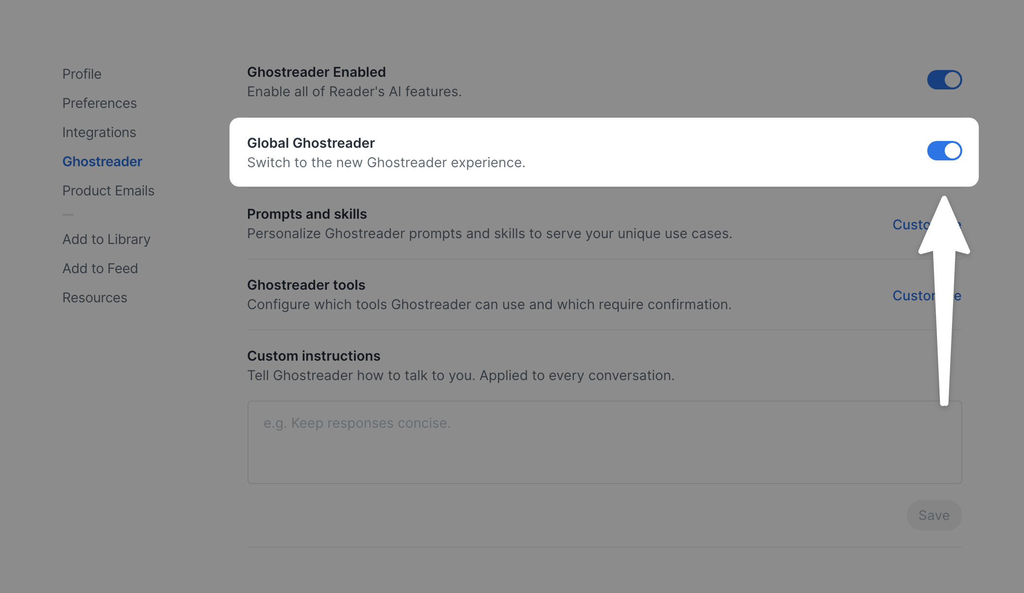 The Global Ghostreader toggle on the Ghostreader preferences page.