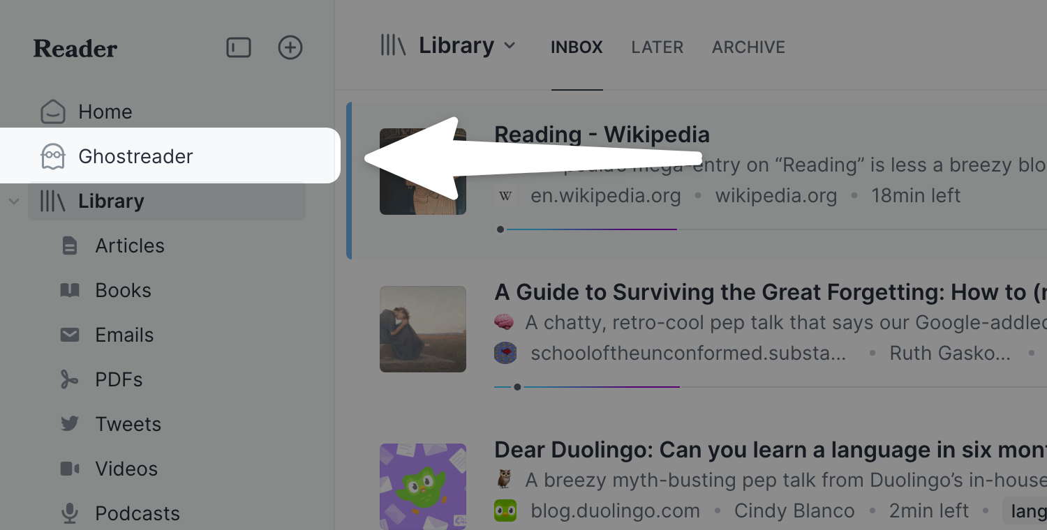 The Ghostreader item in Reader's left sidebar, between Home and Library.