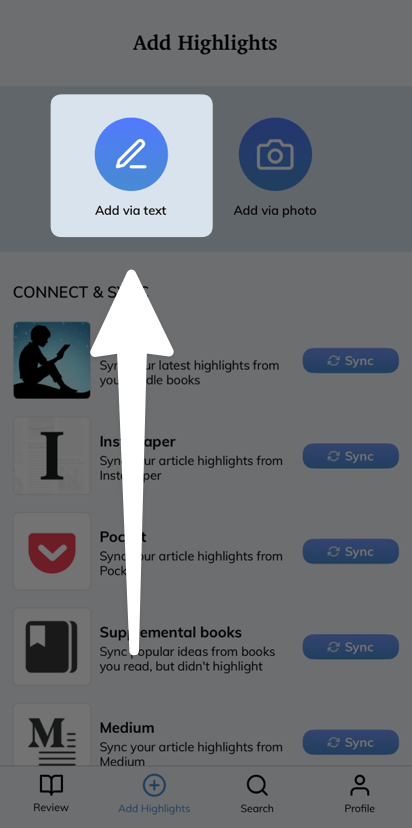 Add new highlight by manually typing into the app.