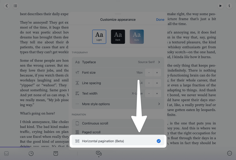 Horizontal pagination setting in the Reader Appearance panel.