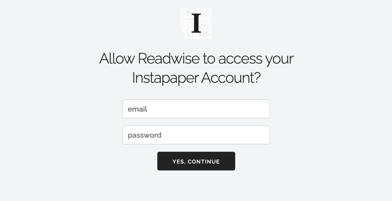 Instapaper integration login screen.