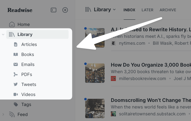 Sub-categories in Library section.