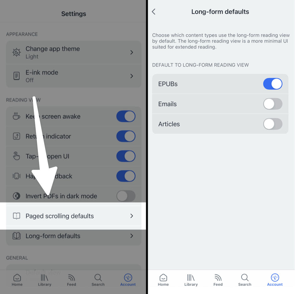 Turn on long-form reading view in account settings.