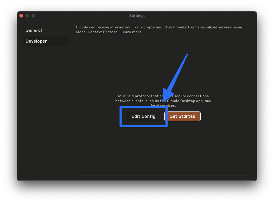 Click 'Edit Config' in the Claude desktop app.