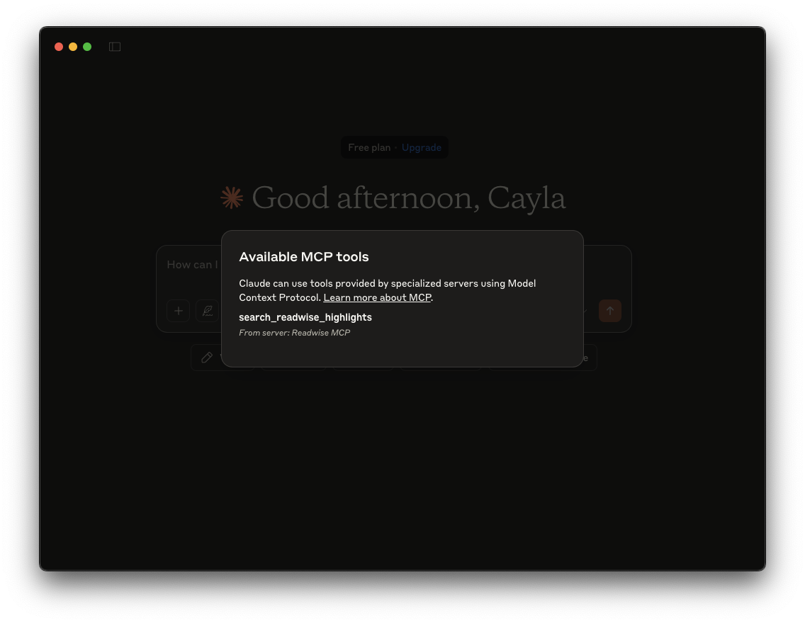 Modal that indicates the Readwise MCP server is connected.