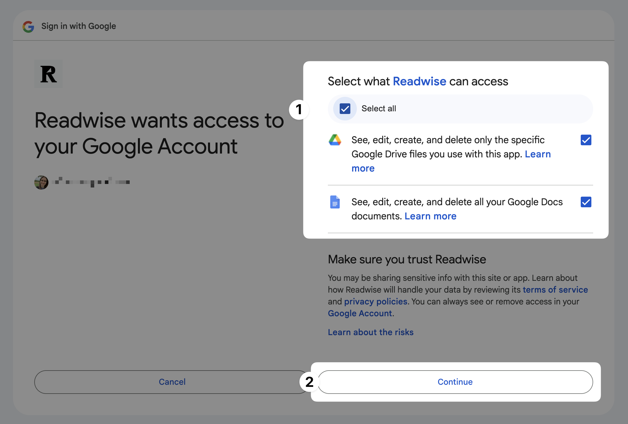 Grant full access to Readwise with your Google account.