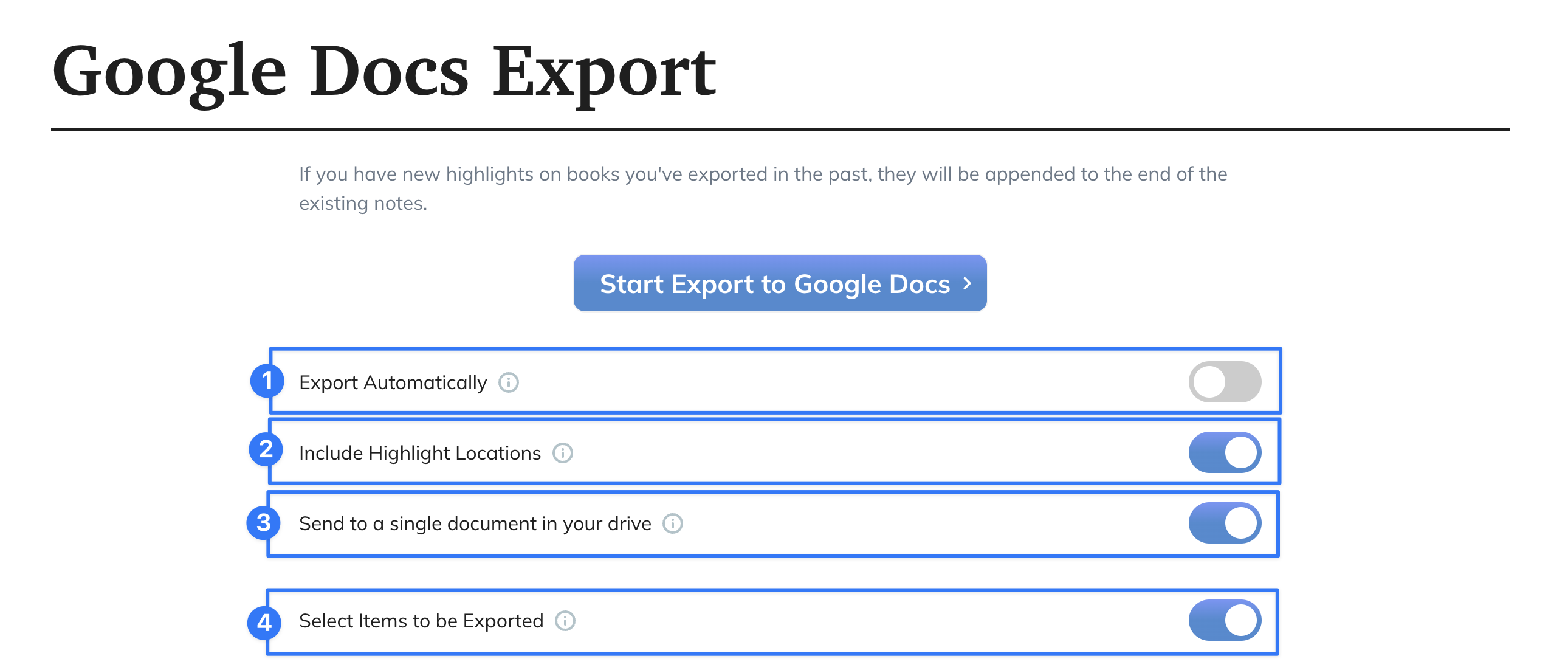 Configuration options for NotebookLM export.