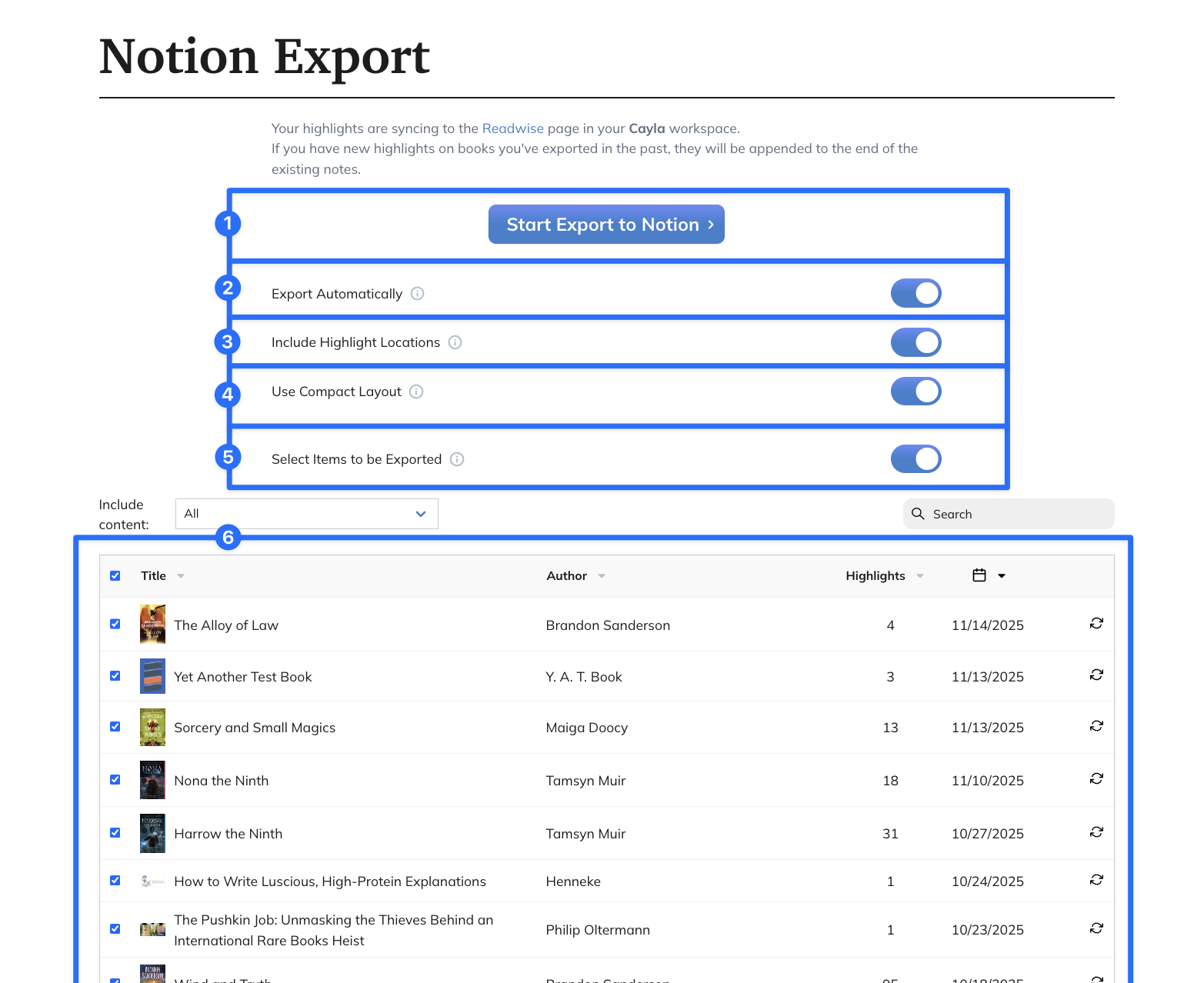 Configuration options for the Readwise to Notion integration.