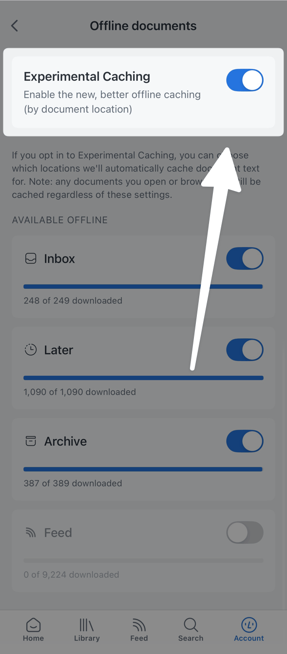 Turn on Experimental Caching in the Offline Documents menu.