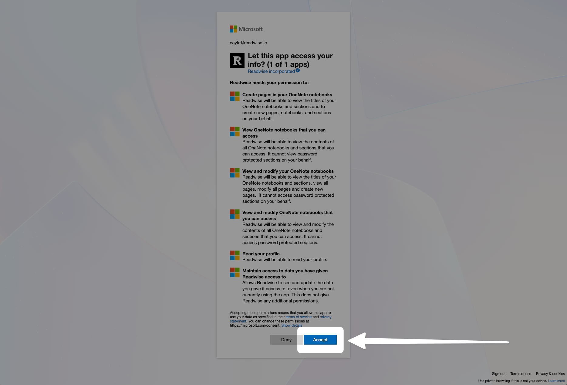 Allow Readwise to access your OneNote account.