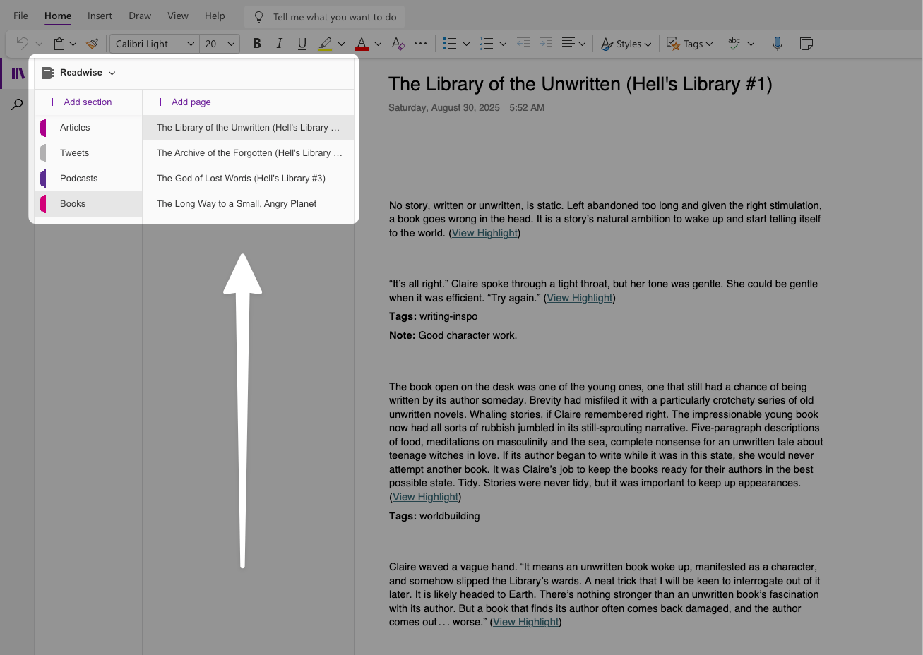 Readwise documents in the OneNote interface.