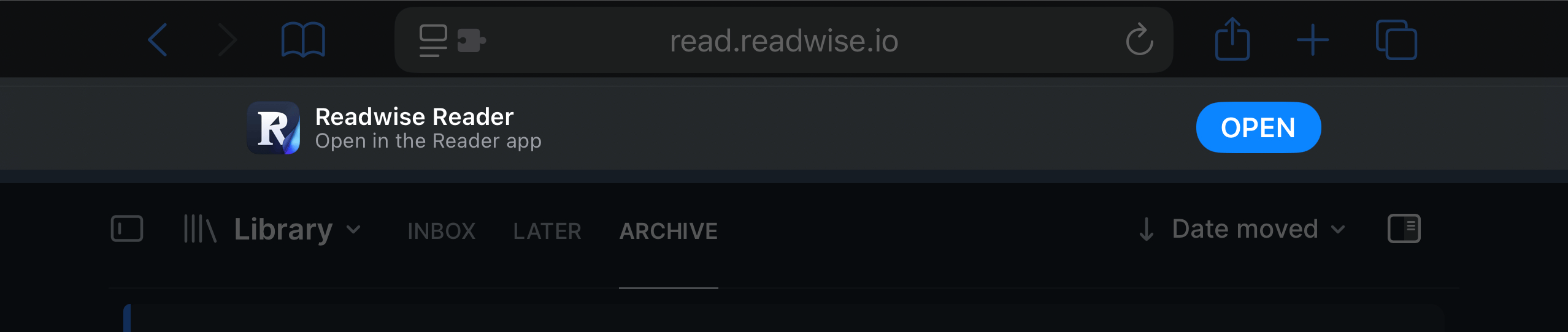 Banner in Safari nudging to open the native Reader app.
