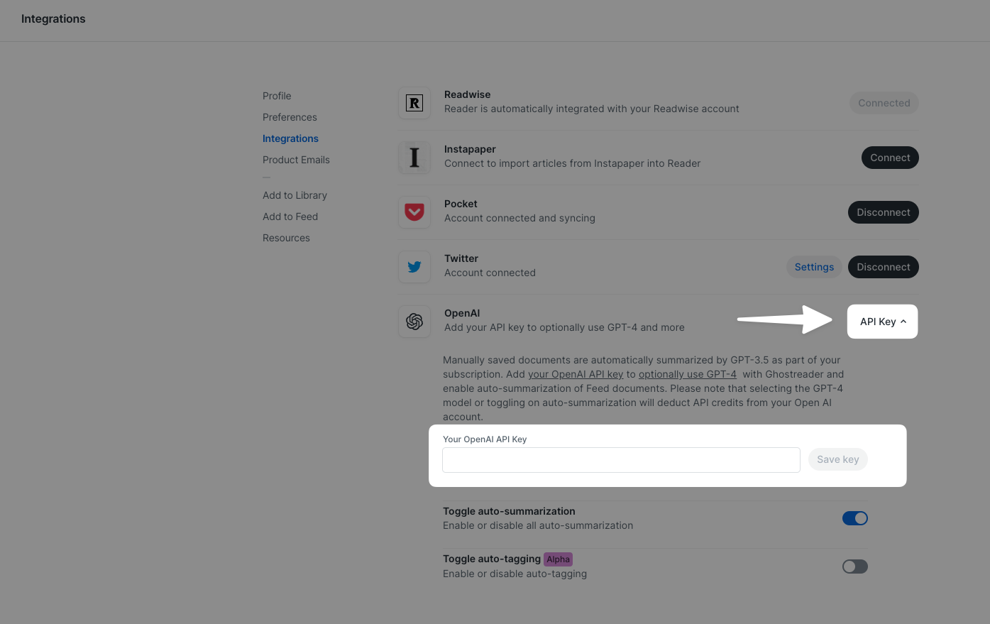 Add your OpenAI API key to Reader