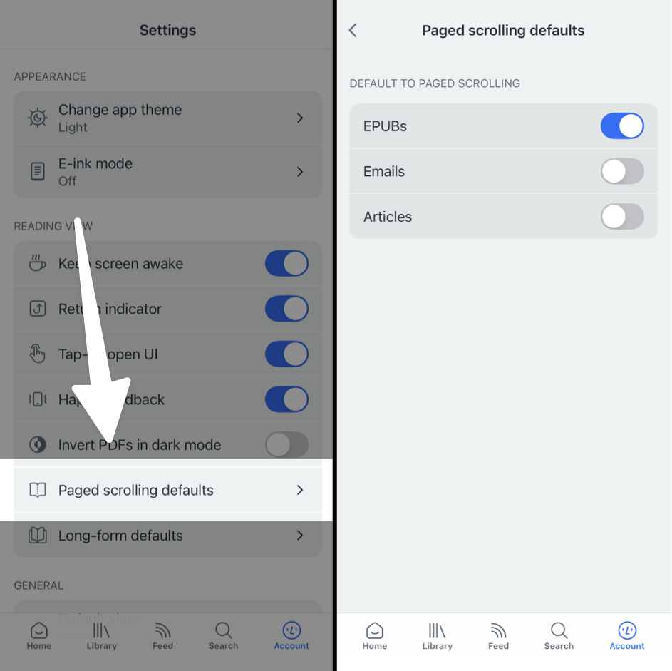 Turn on paged scroll defaults in account settings.