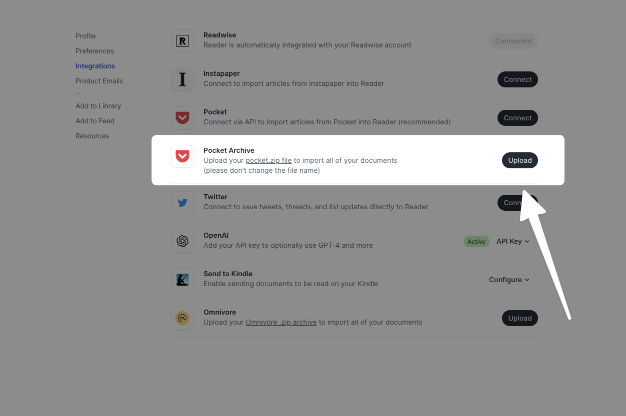 Upload your Pocket data to Reader.
