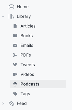 Podcast section of Reader Library.