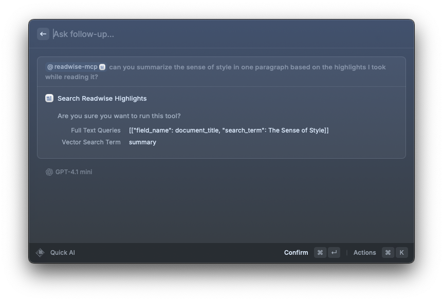 Give Raycast permission to run a Readwise MCP search.